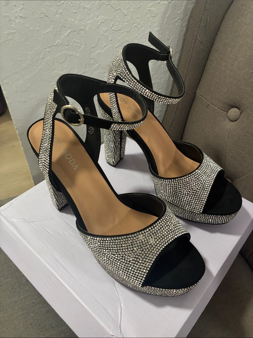 Embellished Black and Silver Block Heel Sandals - Women's Evening Heels